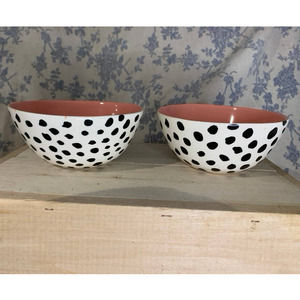 Set of 2 Miso Bowls Black and White Polka Dots Pink Davis Studio Fine Porcelain